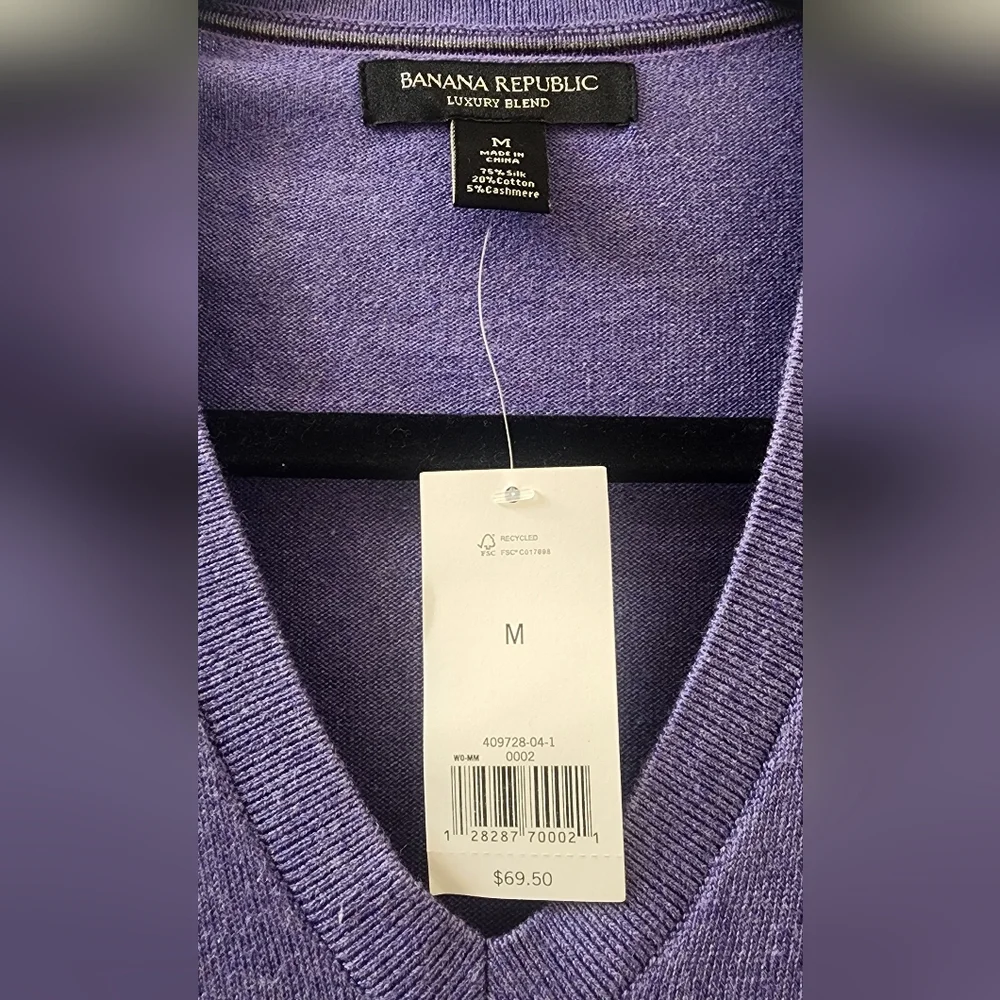 New Banana Republic Men's‎ Purple V-Neck Sweater, Size Medium, Silk/Cotton.